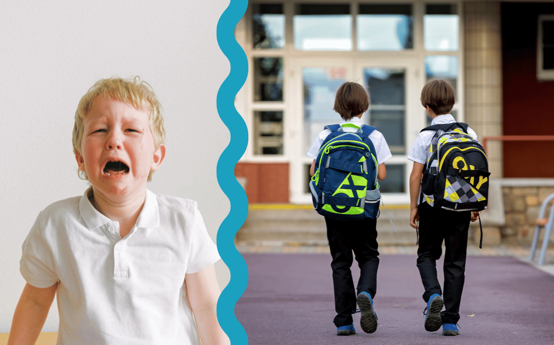 boys with rucksacks go into school and a crying boy in uniform