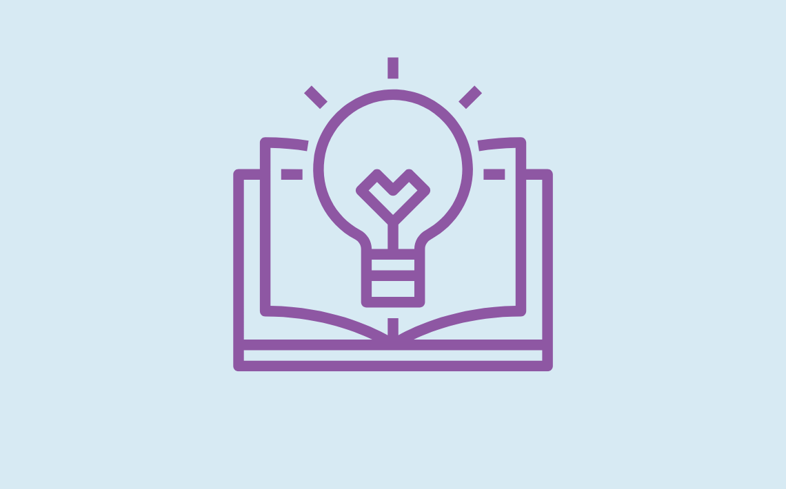 purple book with lightbulb above on blue background