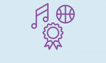 purple music note, basketball and award ribbon on blue background