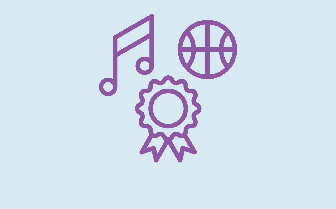 purple music note, basketball and award ribbon on blue background