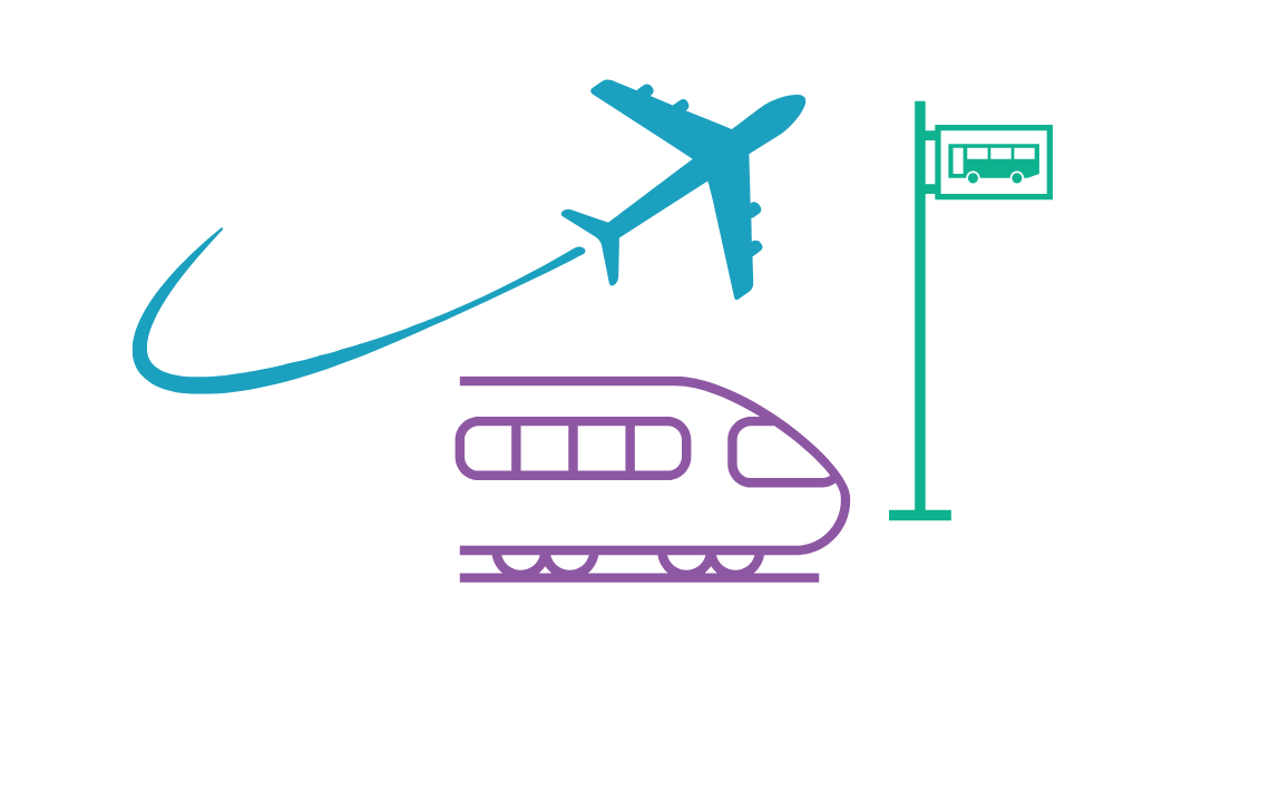 a picture of an aeroplane, bus stop and train on white background